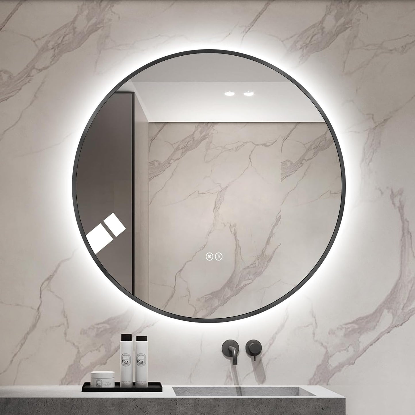 Round LED Bathroom Mirror with Gold Frame, 24V Backlight, 3 Color Temperatures, Dimmable, Memory Function, Defogging (Black Border, 36" L x 36" W)