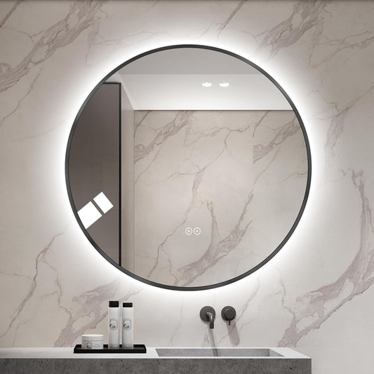 Round LED Bathroom Mirror with Gold Frame, 24V Backlight, 3 Color Temperatures, Dimmable, Memory Function, Defogging (Black Border, 36" L x 36" W)