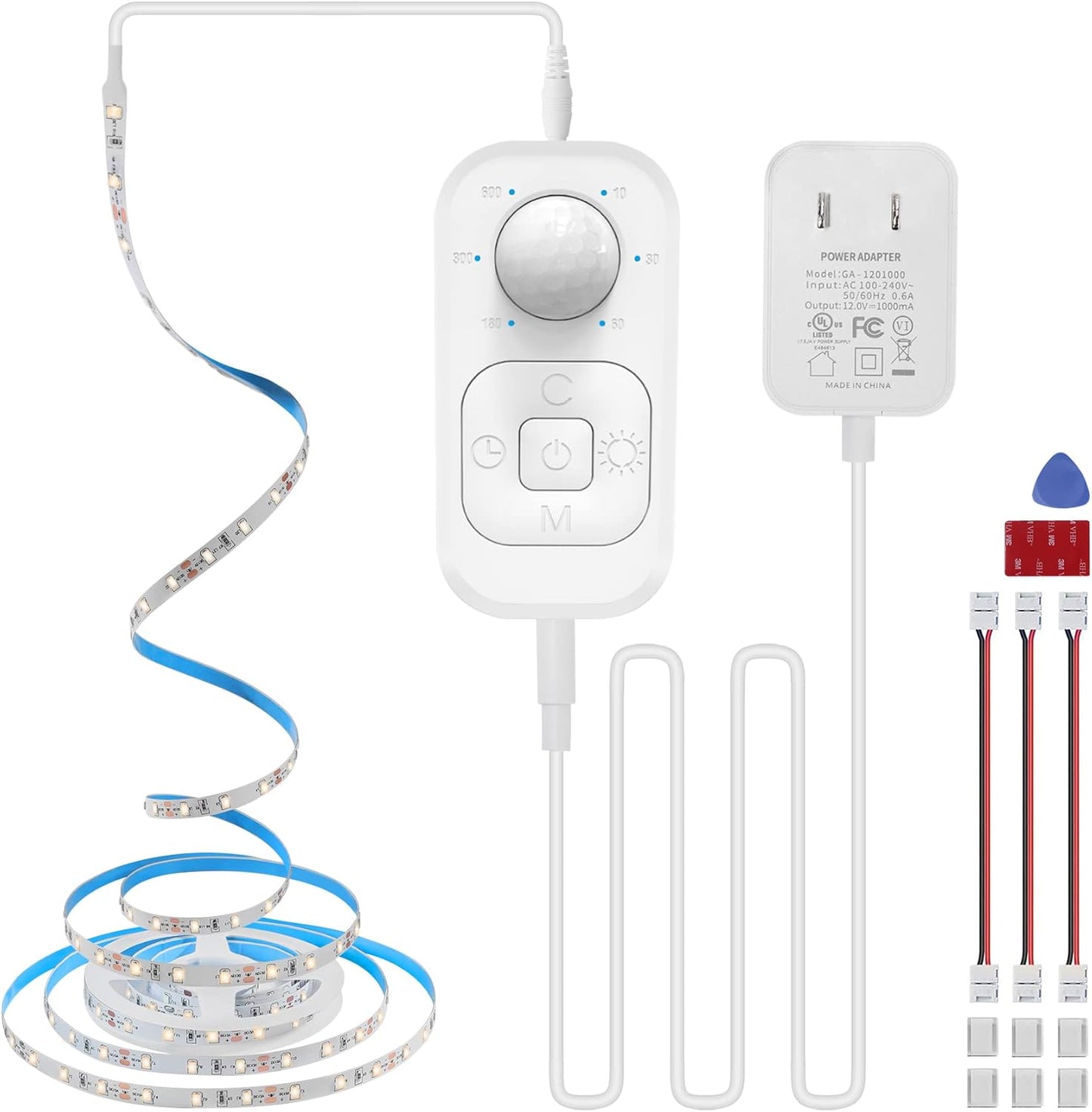 Motion Sensor Under Cabinet Lights - Plug-in LED Strip Lights Indoor with Power Adapter, Dimmer and Timer for Kitchen Cabinet, Counter, Shelf, Showcase, Stairway, Bedroom, Corridor, Washroom
