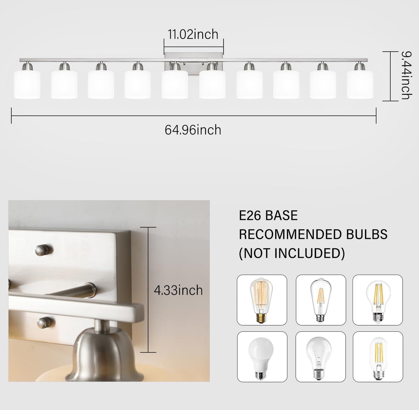 Brushed Nickel Bathroom Vanity Light for Giant Mirror, 10 Light Brushed Nickel Vanity Lights, 65 inch Wall Lamps for Bedroom for Mirrors with Milky White Frosted Glass Shades, E26