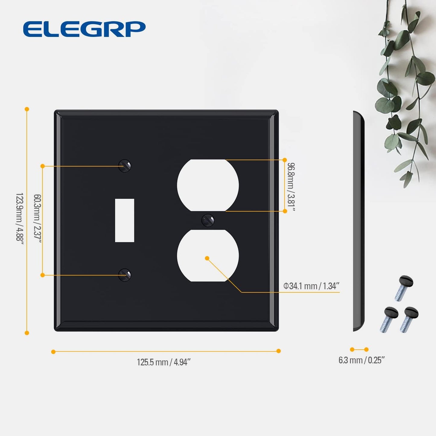 Combination Wall Plate ELEGRP 1-Toggle Light Switch 1-Duplex Receptacle Outlet Combination Wall Plate Cover, Mid-Size 4.88" x 4.94" Unbreakable Thermoplastic Faceplate Cover, UL Listed (1 Pack, black)