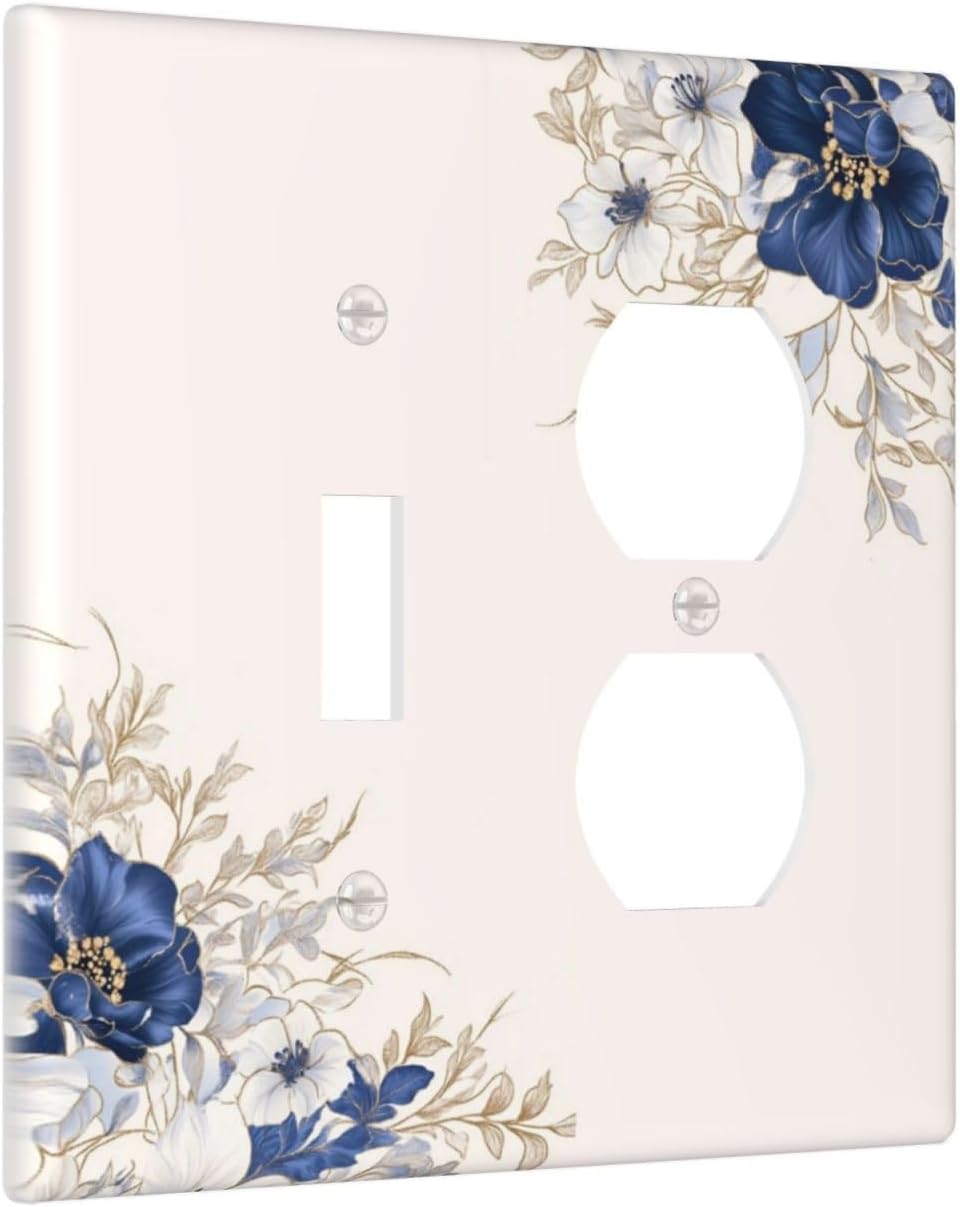 Decorative Outlet Covers Rustic Blue White Flowers Floral Penoy 2 Gang Wall Plate Cover Single Toggle Duplex Combo Two Switch Light Switch Cover Plate Jumbo Face Plate