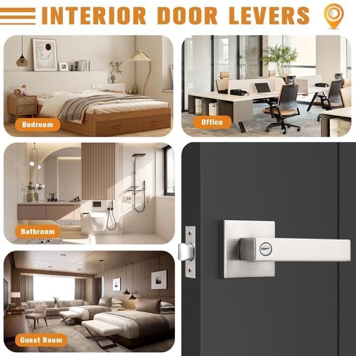 Probrico Interior Brushed Nickel Door Handle, Heavy Duty, Flat Square Privacy Door Handles, Keyless Door Levers Lockset for Bedroom and Bathroom (2 Pack, Modern)