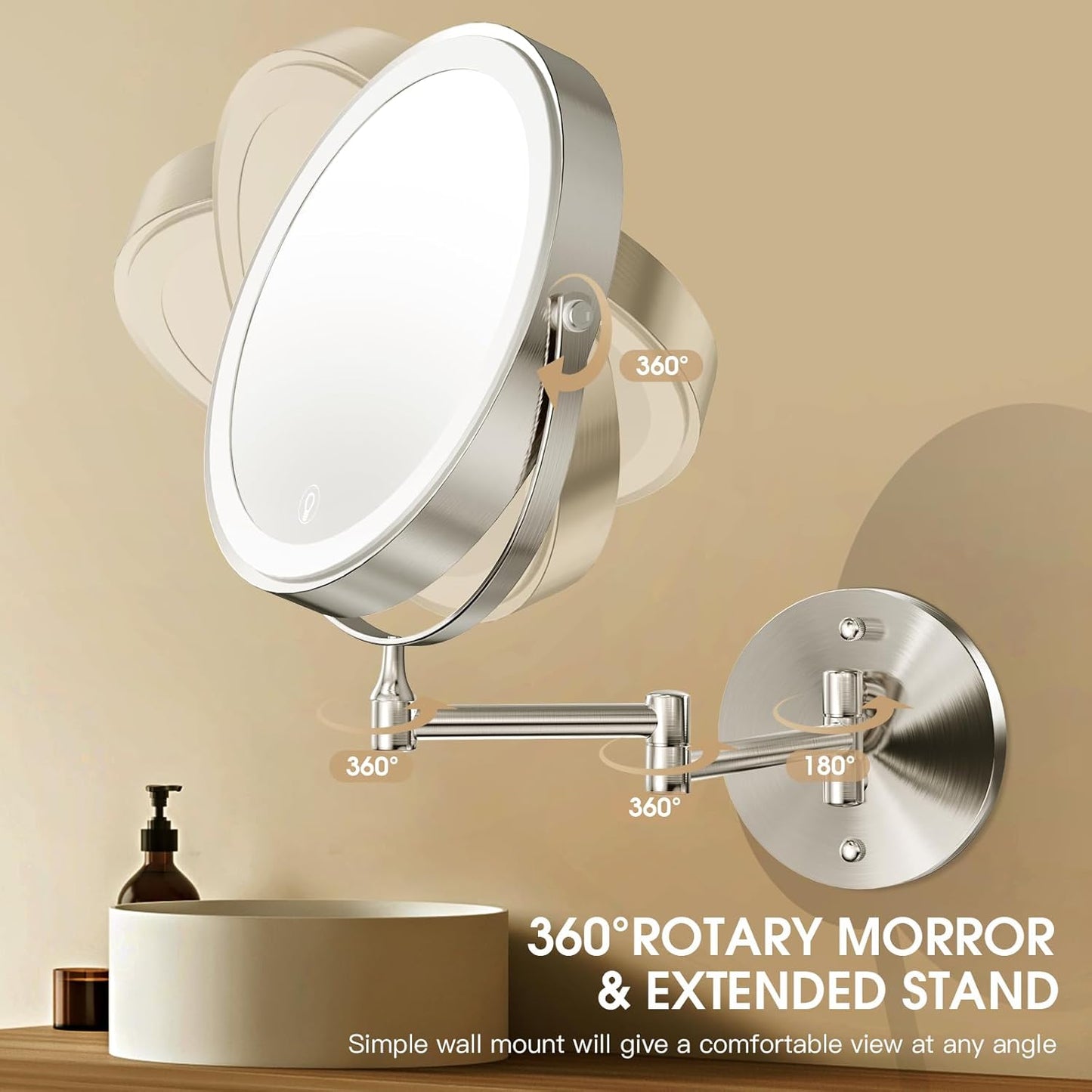 Wall Mounted Lighted Makeup Mirror, 8" Rechargeable Double-Sided Light up Magnifying Mirror 1x/10x, 3 Color Led Vanity Mirror with Lights, Touch Dimmable 360° Rotation Foldable-Nickel