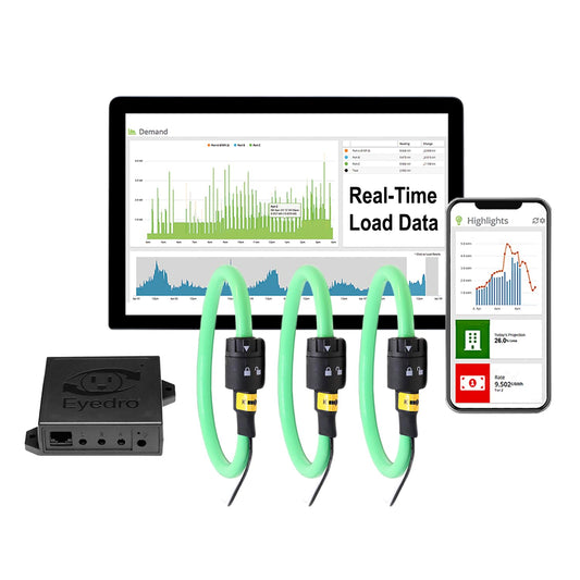 Eyedro 3-Phase Commercial & Industrial Energy Meter - Real-Time kWh/W/A/V/PF/$/True Power Data -Solar & Net Metering -WiFi (2.4GHz)/Ethernet - Up to 600V - 3×3000A Flex Sensor (180mm/7 inch Opening)