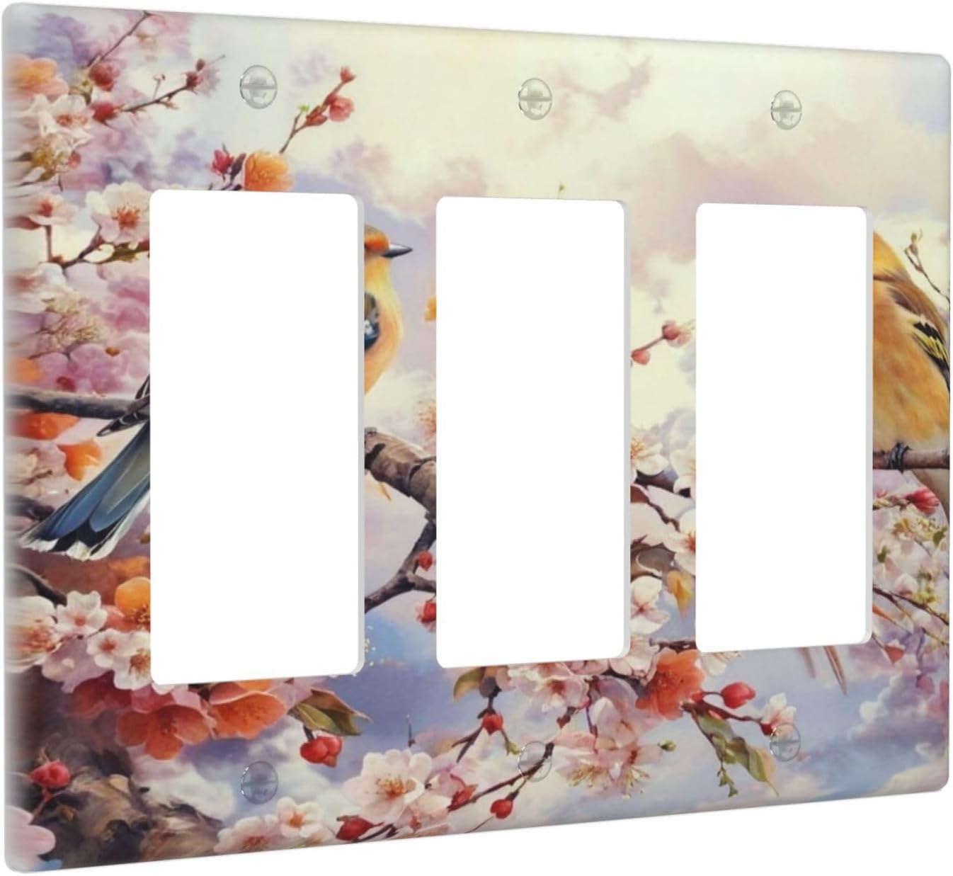 Birds Sitting on Flowers Tree Branch 3 Gang Rocker Triple Outlet Wall Plate Decorative Switch plate Cover Faceplate GFCI Light Switch Covers for Farmhouse Living Decor
