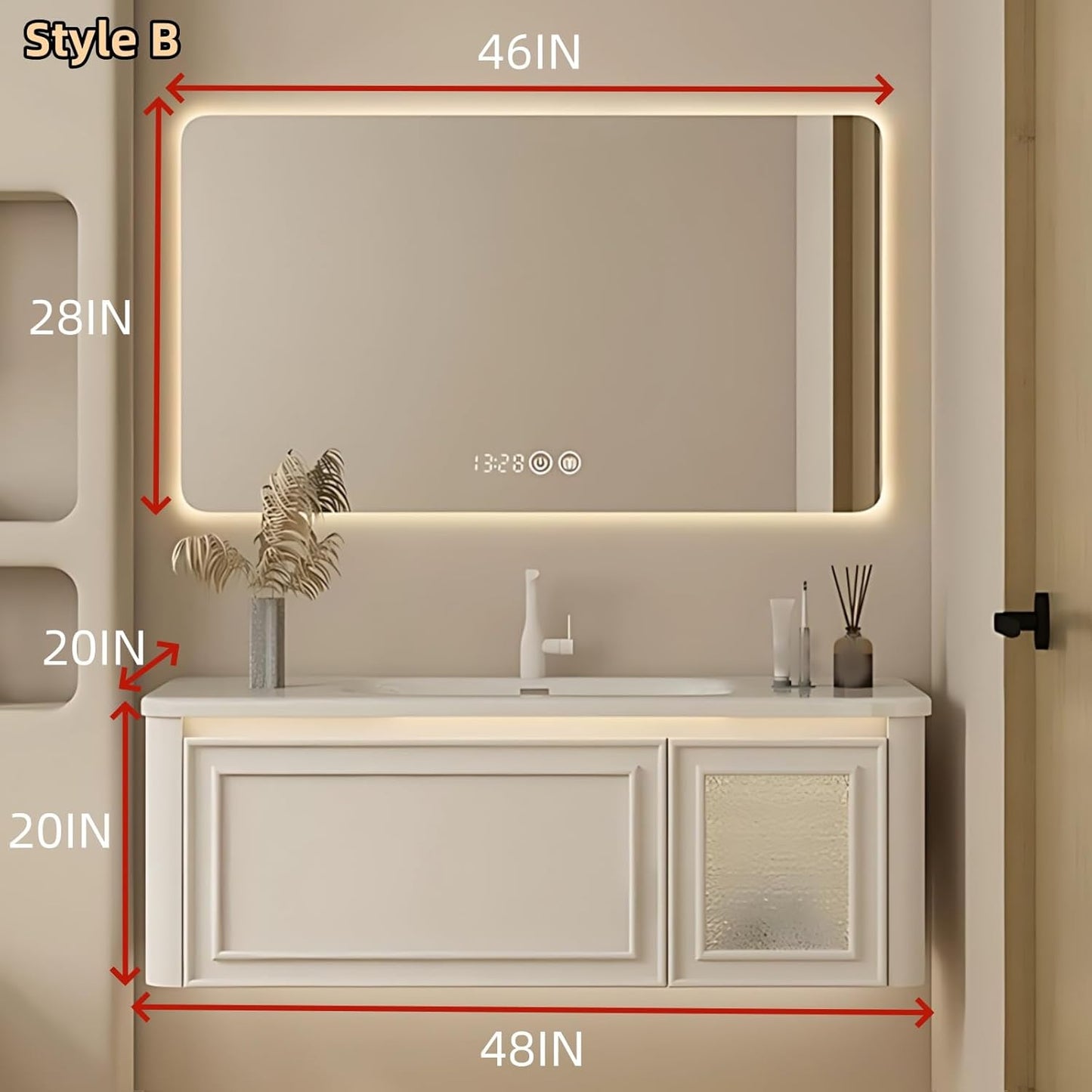 48IN Wall Mounted Bathroom Vanity Set - Wood Bathroom Vanities has Tissue Hole Design | Includes Smart Defogging Mirror Cabinet & Time Display, Rounded Corners, Glass Cabinet Doors (Style B)