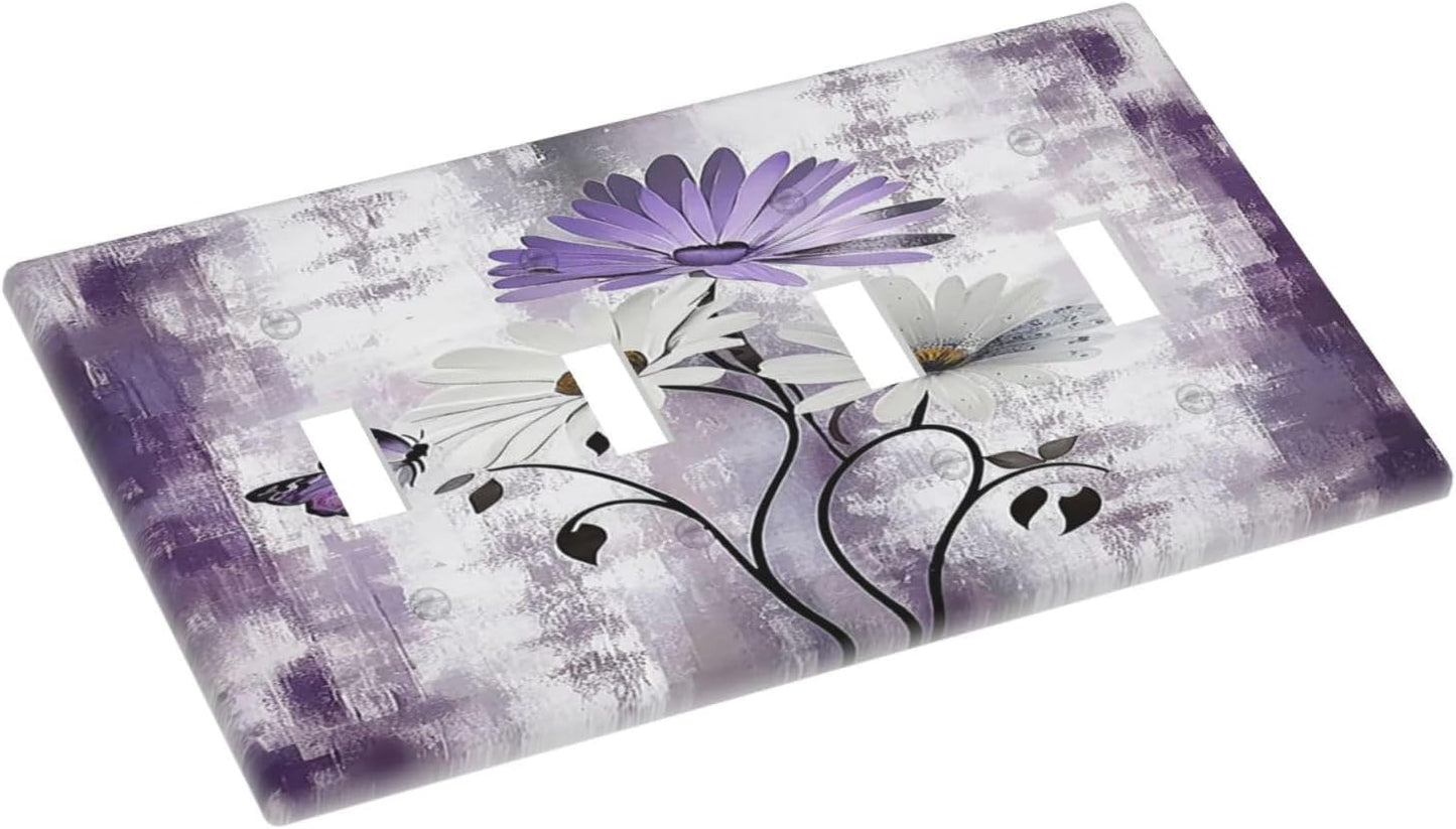 Light Switch Cover Plate Purple Daisy White Floral Butterfly Flowers Quad Toggle Wall Plates Decorative Switch Plates 4 Gang Outlet Covers Electrical Panel Cover Faceplate for Home Decor 4.5 X 8 IN