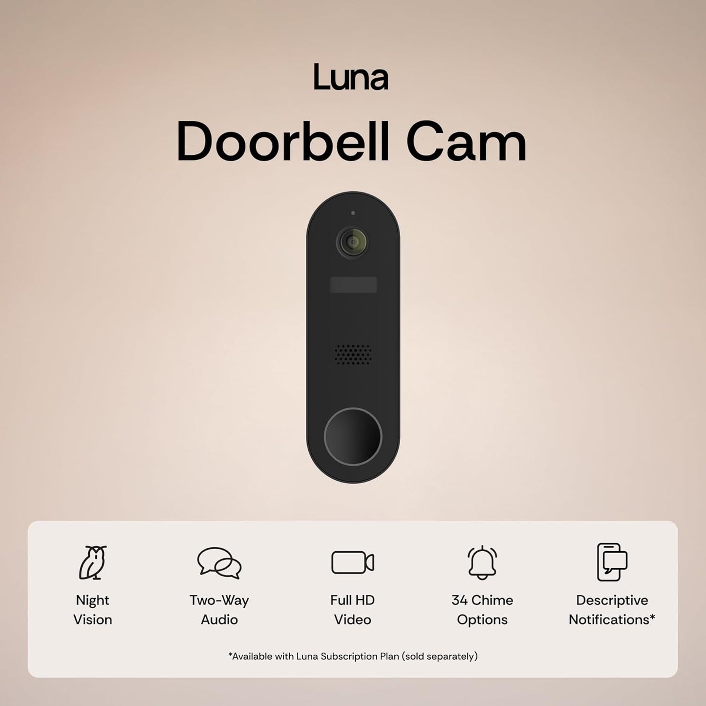 Luna Doorbell Camera Wireless, AI Human/Package Detection, Instant Alerts, Night Vision, 2-Way Audio, Battery/Wired Powered, Cloud Storage, 2.4GHz Wi-Fi Smart Video Doorbell with Chime