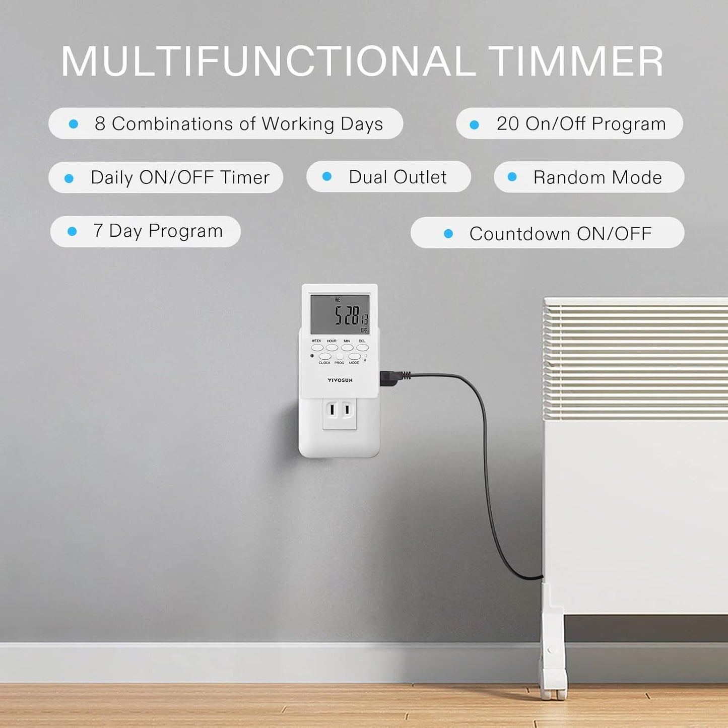 VIVOSUN Digital Timer Outlet 7 Day Programmable Digital Outlet Timer with 2 Independent Outlets 3 Prong, 20 on/Off Programs Groups, Countdown Setting, Indoor for Light Lamp, Fan（1Pack）