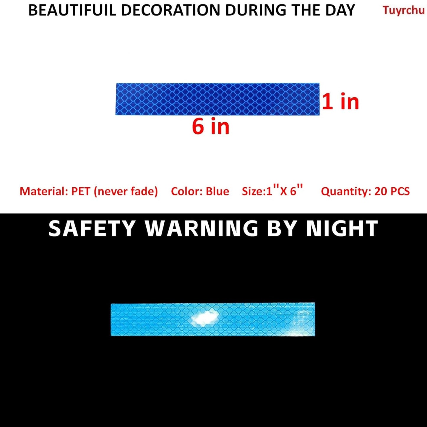 Non Fading Blue Reflective Stickers 1 inch X 6 inch, Outdoor Waterproof High Visibility Warning Safety Adhesive Reflector Tape (20 Pcs)