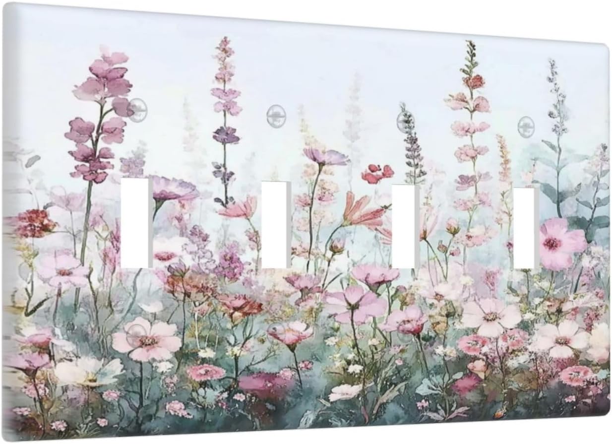 Pink Floral Watercolor Botanical Wildflowers Light Switch Covers Quad Toggle Electrical Faceplate 4 Gang Wall Plate Decorative Switch Plates For Bed Room Living Room Decor