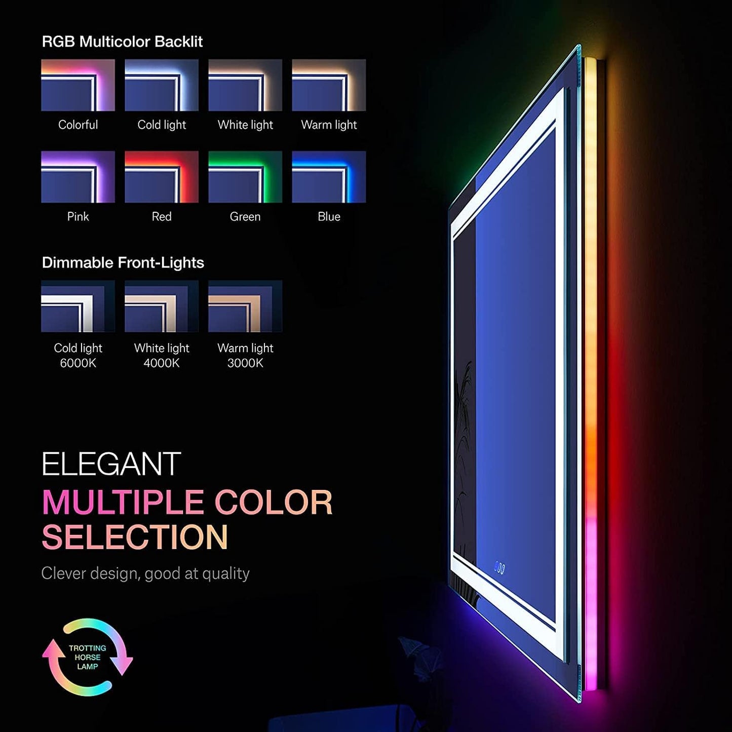 72x36 inch LED Bathroom Mirror with Lights Backlit RGB Color Changing Lighted Mirror for Bathroom Wall Dimmable Anti-Fog Led Mirror (RGB Multicolor Backlit + Adjustable Front-Lighted)