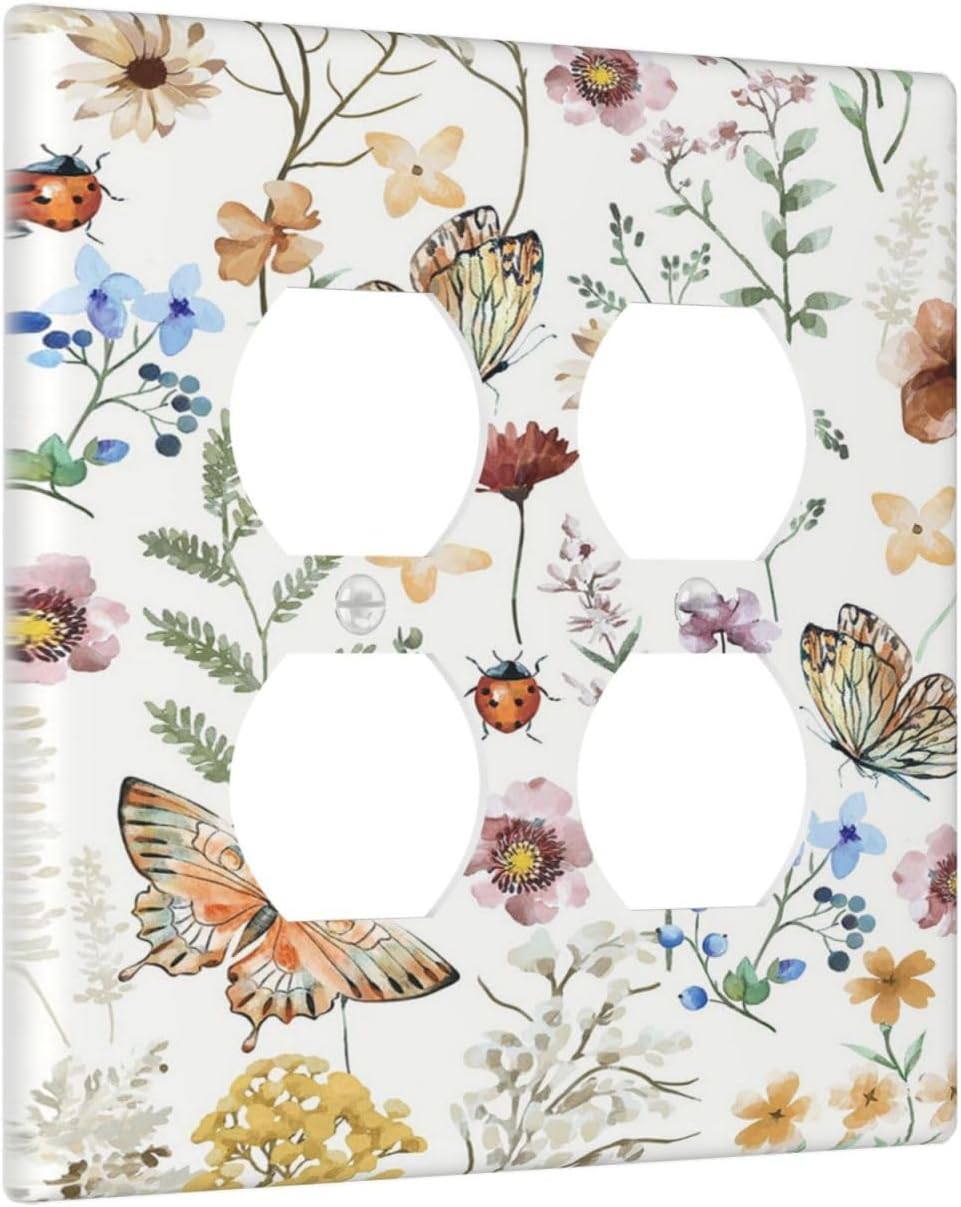 Decorative Outlet Covers Rustic White Butterfly Flowers Leaves 2 Gang Wall Plate Cover Double Duplex Receptacle Two Switch Light Switch Cover Plate Jumbo Dual Faceplate for Home Decor