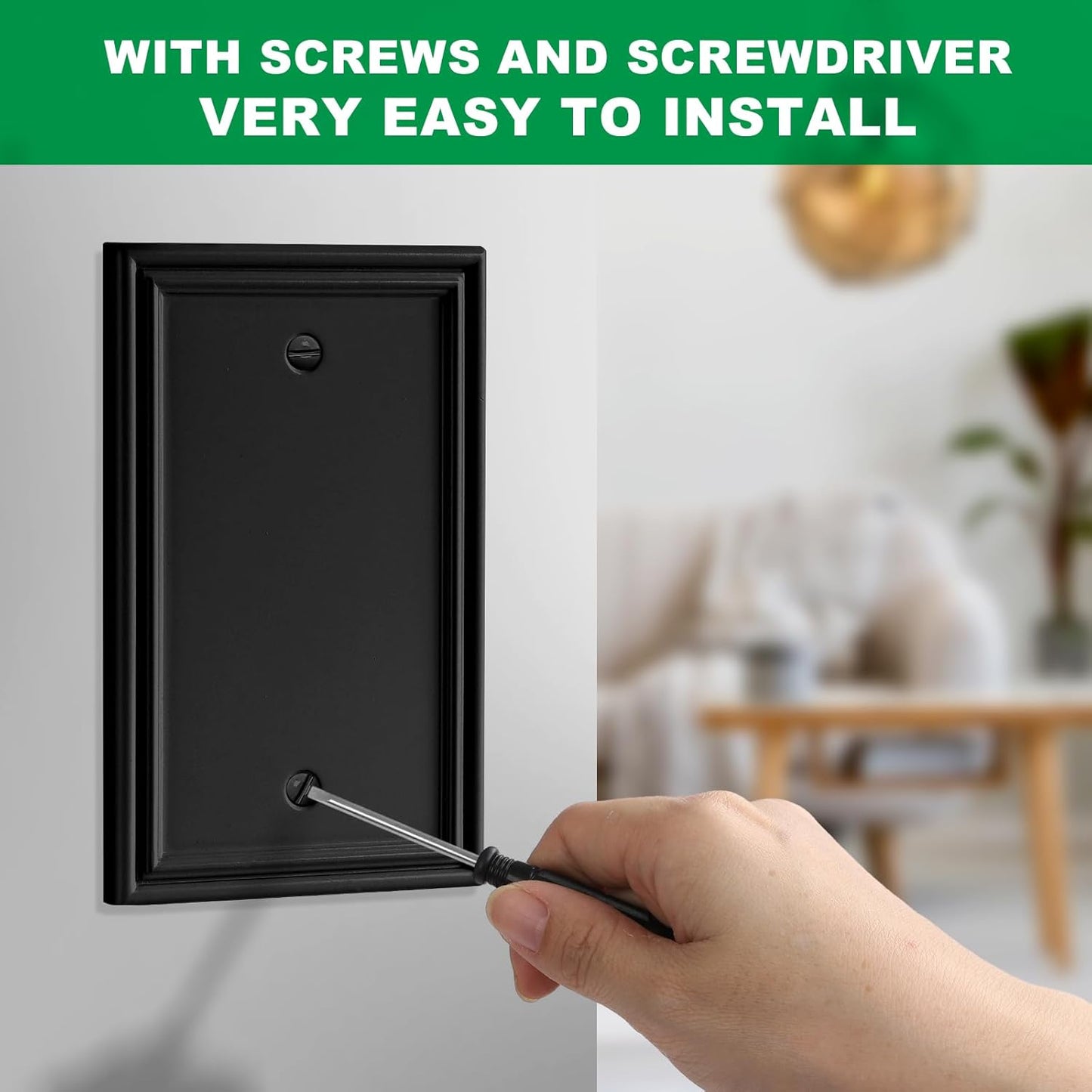 Black Modern Decorative Wall Plate Light Switch Cover Decorator Outlet Covers Rocker Switch Plates Bamboo Fiber Material Wall Plates for Kitchen Bathroom (1 Gang Single Blank-4 Pack)