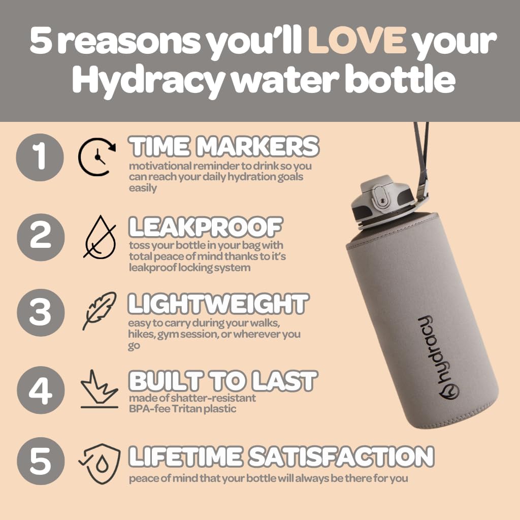 Hydracy Water Bottle with Time Marker -Large BPA Free Water Bottle & No Sweat Sleeve -Leak Proof Gym Bottle with Fruit Infuser Strainer & Times to Drink -Ideal for Fitness Sports & Outdoors