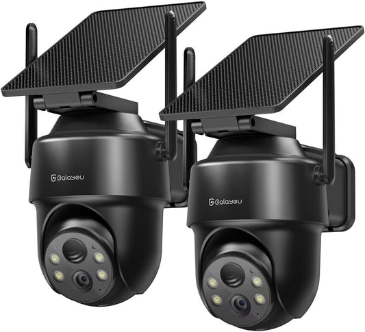 GALAYOU 2K Cameras for Home Security-2.4G WiFi Outdoor Camera Wireless Solar/Battery Powered, 360° PTZ Color Night Vision, PIR Detection, SD/Cloud Storage, Waterproof, Work with Alexa, R1 2P Black