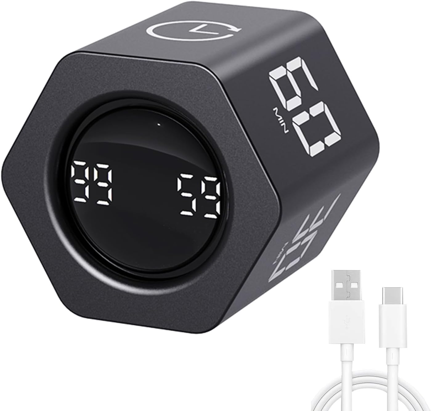 Productivity Timer Flip Gravity Sensor Pomodoro Cube Timer Countdown & Countup,1/5/10/30/60min Preset & Custom Timing, Mute/Vibrate/Sound for ADHD,Work,Study,Kitchen(1, Black Hexagon)