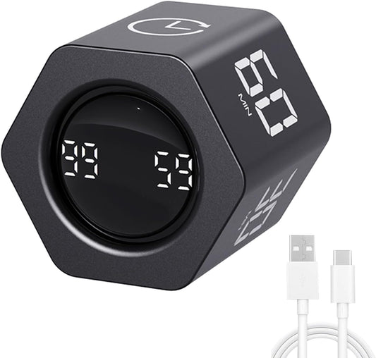 Productivity Timer Flip Gravity Sensor Pomodoro Cube Timer Countdown & Countup,1/5/10/30/60min Preset & Custom Timing, Mute/Vibrate/Sound for ADHD,Work,Study,Kitchen(1, Black Hexagon)