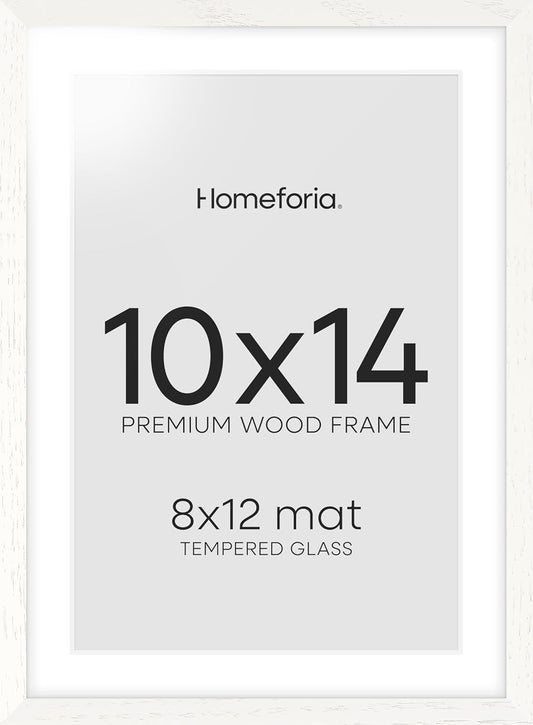 Homeforia White Frame 10x14 Wood, High End Oak 10x14 Picture Frames with Mat 8x12, 10 x 14 White Wooden Poster Frame Matted to 8 x 12 inch Photo, 14by10 Thin Frames, Tempered Glass, Wall Kit, Set of 1