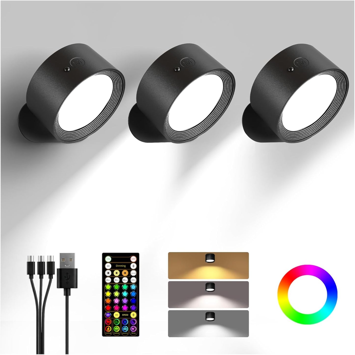 Wall Mounted Lights, 3 Pack Rechargeable RGB Color Changing Light, 3 Color Temps & Remote and Touch, 360°Rotation Dimmable Cordless for Study Bedroom Reading Bedside (Black)