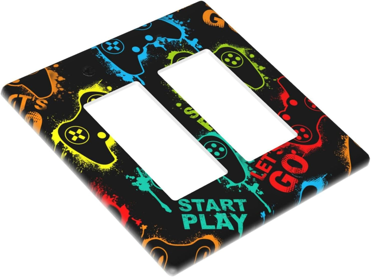 Decorative Outlet Covers Gamepad Theme Graffiti 2 Gang Light Switch Cover Plate Double Rocker Wall Plate Switch Plate Covers Faceplate for Game Room Bedroom Decor （2 Pack）
