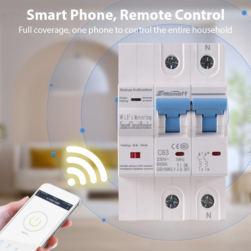 2P Smart Circuit Breaker, 100A 220V WiFi Smart Energy Monitor Switch Meter, One-Click Switch, APP Remote Switch, Miniature Circuit Breakers, Remote Control with TY APP for Apartments