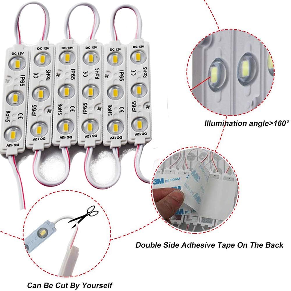 LED Module Windows Lights - 3000K White, 100pcs, 49.8 Ft, 5730 SMD, 150LM Per Module, IP65 Waterproof for Advertising Signs With Tape Adhesive Backside (No Power Supply)