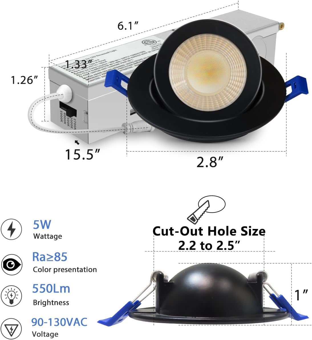 Adetu 2 Inch 5CCT Gimbal Black Led Recessed Lighting with Junction Box, 360°+90° Adjustable Led Recessed Lights, 2700K/3000K/3500K/4000K/5000K, 5W Eqv 50W, 550LM Brightness - ETL (Black, 6 Pack)