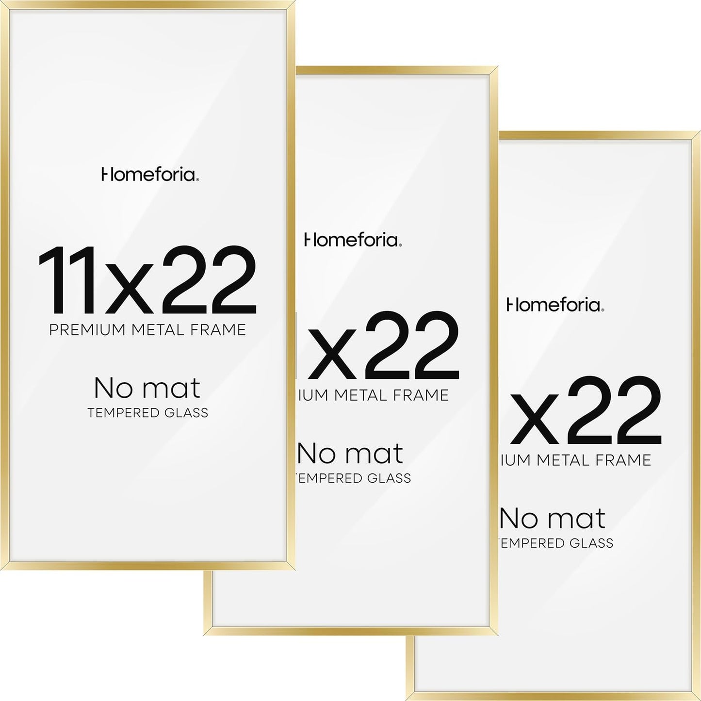 Homeforia 11x22 Newspaper Frame Gold, High End Metal 11 x 22 Picture Frame without Mat, 22x11 Thin Gold Poster Frames for Wall, 11 by 22 inches Display Photo Frames, Tempered Glass, Wall Kit, Set of 3