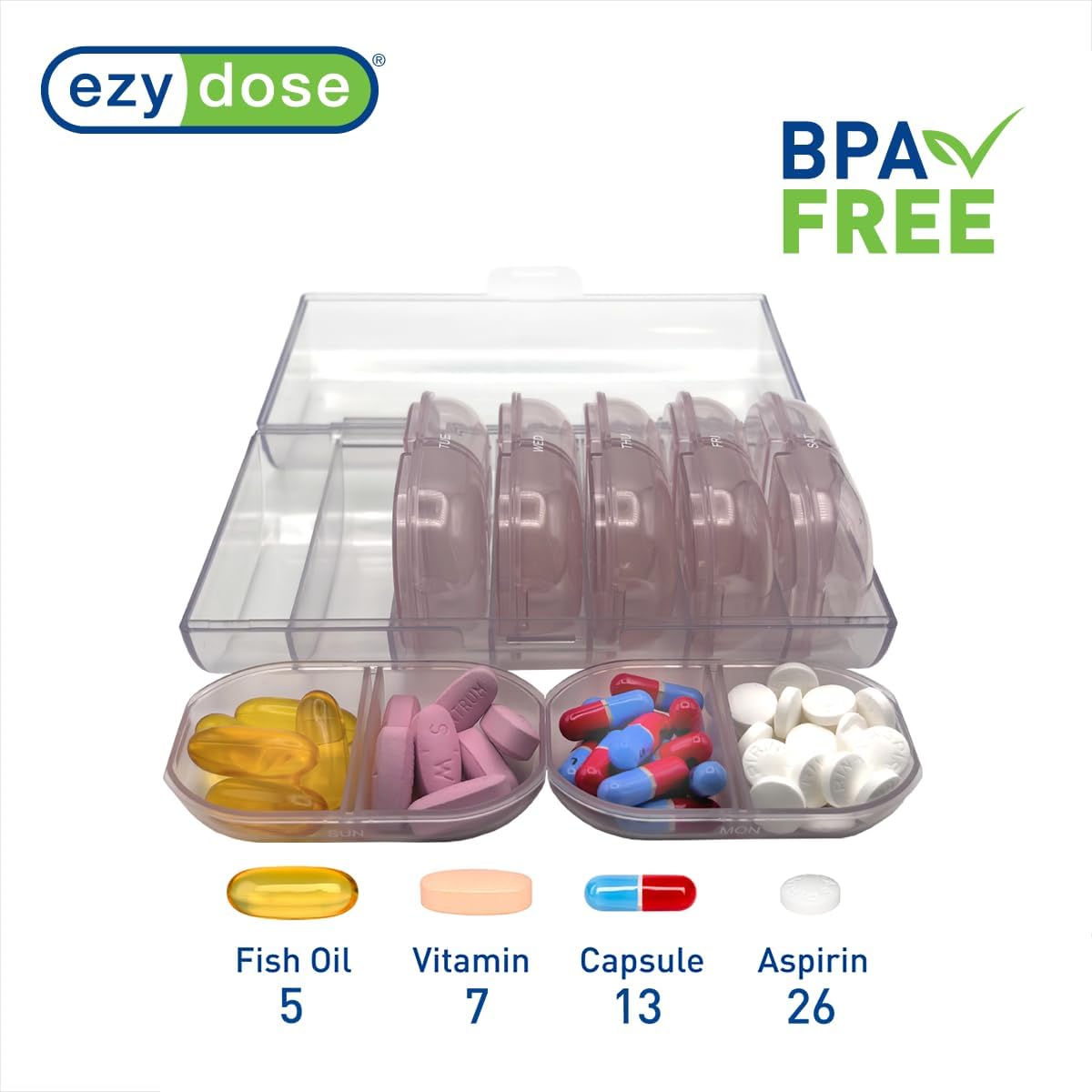 EZY DOSE Weekly (7-Day) Daily Individual AM/PM Pill Organizer with Case, Portable Medication Dispenser, Travel-Friendly Durable Pill Container, 2X Day Compartments for Vitamins and Supplements, Pink