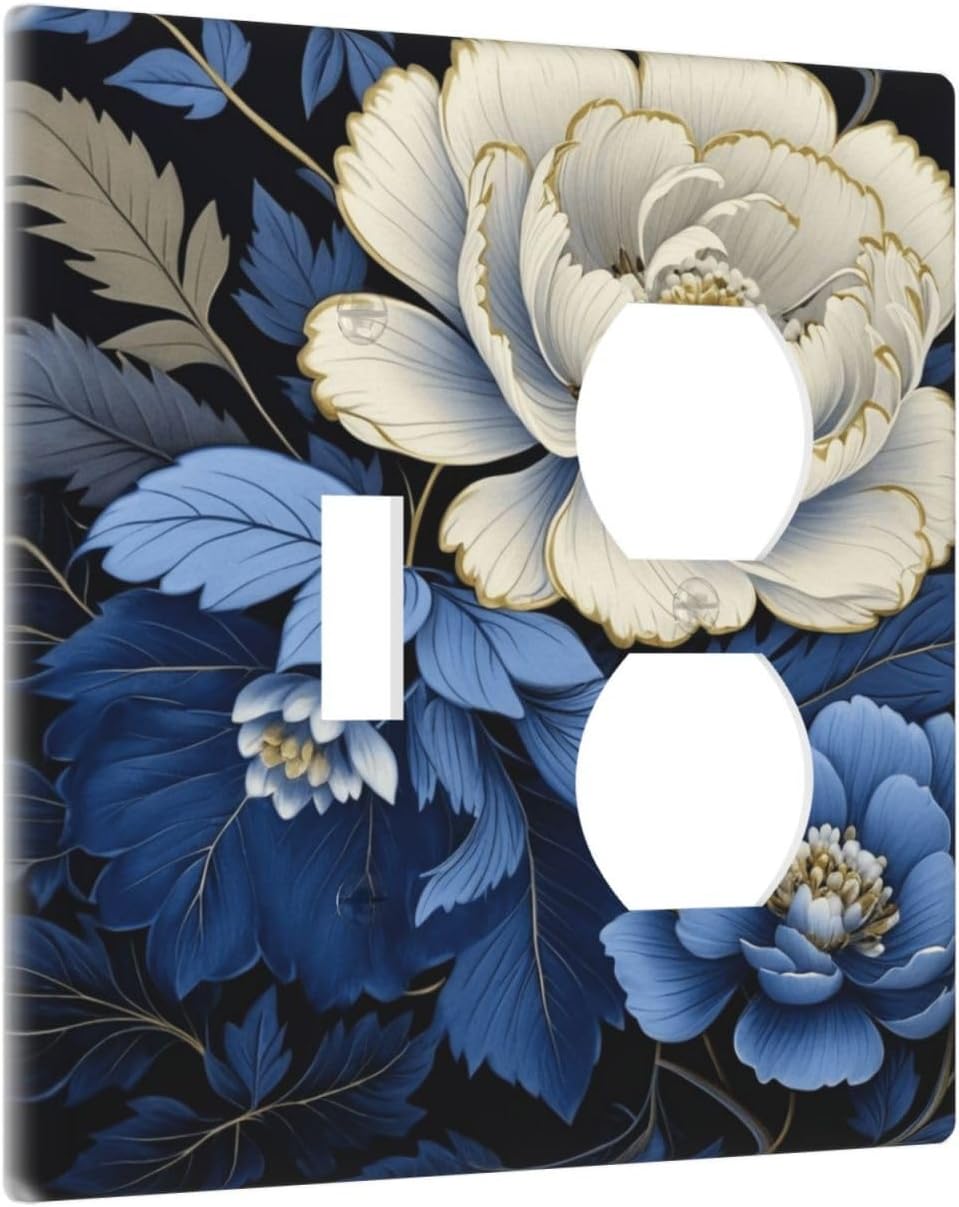 Decorative Outlet Covers Rustic Blue White Flowers Big Floral 2 Gang Wall Plate Single Toggle Duplex Light Switch Cover Switch Plate Covers Faceplate for Bedroom Home Decor