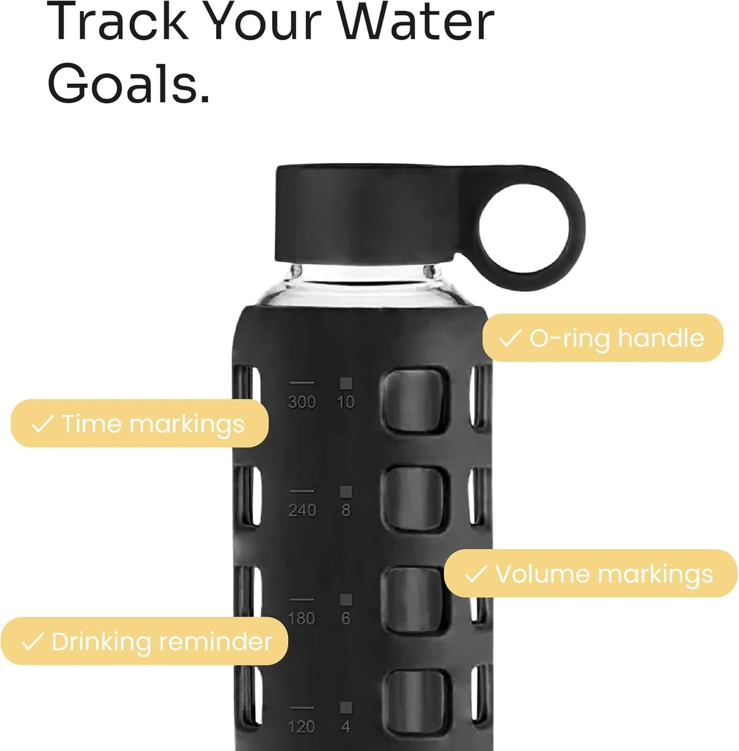 purifyou 40oz / 32oz / 22oz / 12oz Borosilicate Glass Water Bottle with Time & Volume Markers, Silicone Sleeve, Stainless Steel Lid | Reusable Glass Bottle for Water & Juice (12oz JetBlack)