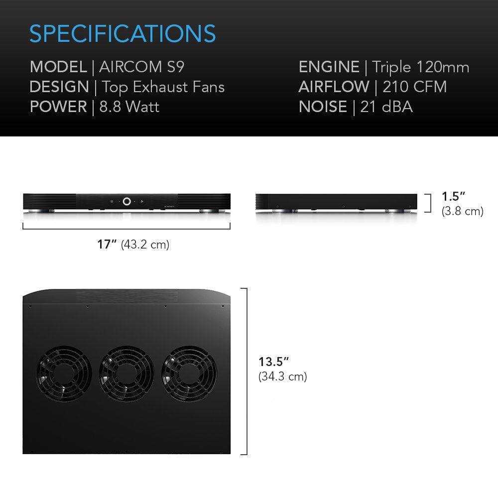 AC Infinity AIRCOM S9, Quiet Cooling Fan System 17" Top-Exhaust for Receivers, Amps, DVR, AV Cabinet Components