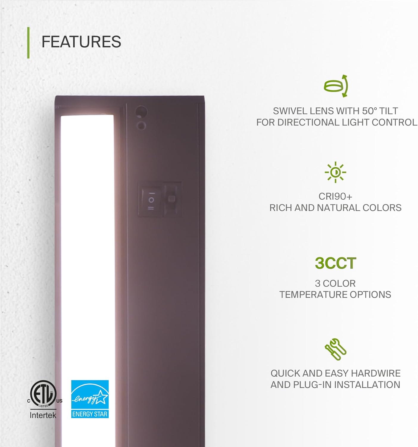 ASD Swivel LED Under Cabinet Lighting Bronze, 24 Inch 12W, Hardwired or Plug-in, 2700K/3000K/4000K, Hi/Low Switch, Rotatable Lens, Dimmable Linkable Under Counter Light for Kitchen, ETL & Energy Star