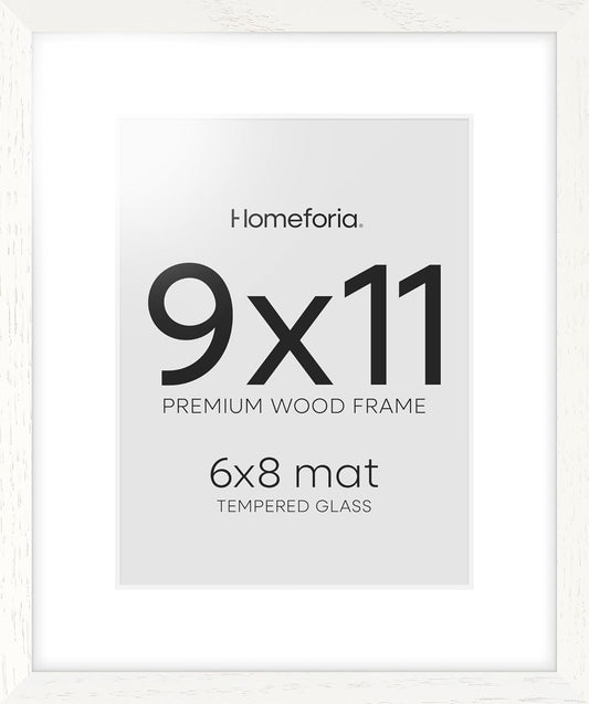Homeforia 9x11 Frame White Wood, High End Oak 9 x 11 Picture Frames with Mat 6 by 8 Print, 9by11 White Wooden Frame Matted to 6x8 inch Photo, Wall or Tabletop Frames, Tempered Glass, Wall Kit, Set of 1