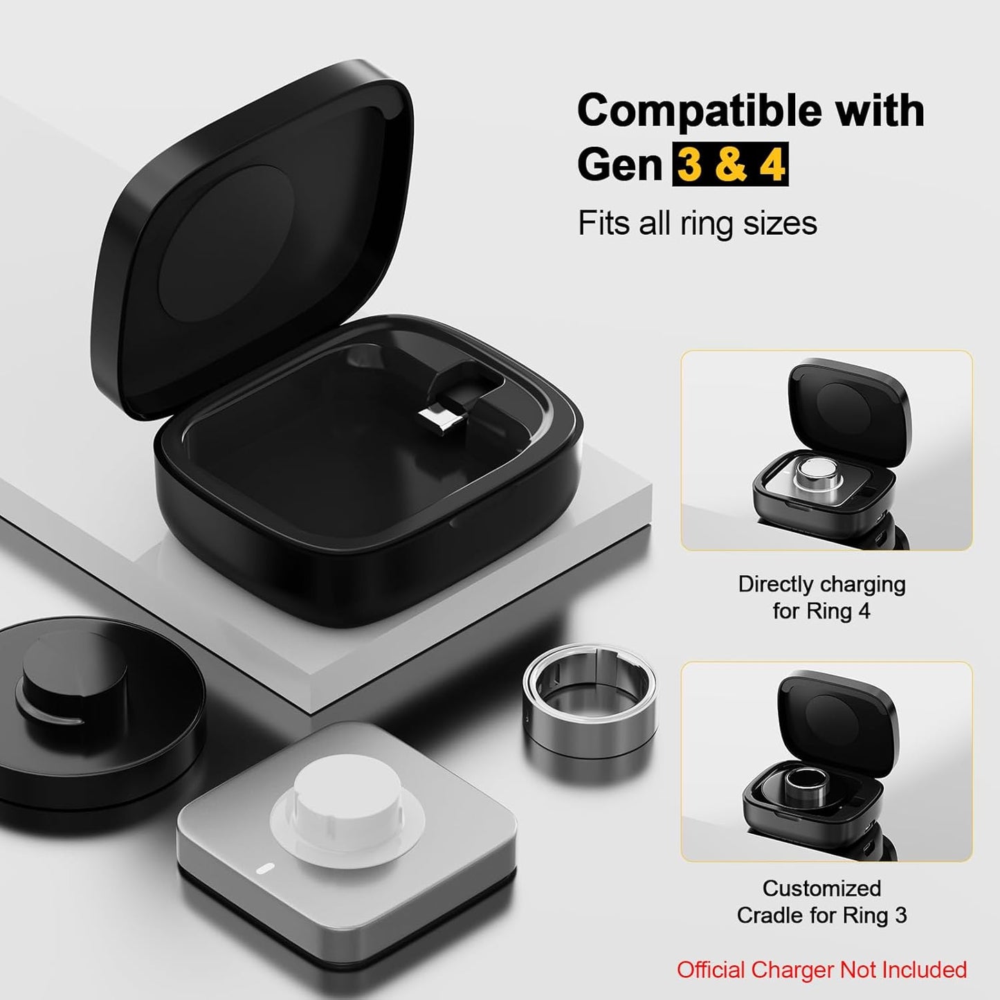 Wireless Charging Case for Oura Ring 4 & 3 Charger, 1000mAh Portable Travel Charger Station Fits All-Sized Ring Gen 4 & 3, 30-Day Runtime (Official Charger NOT Included)