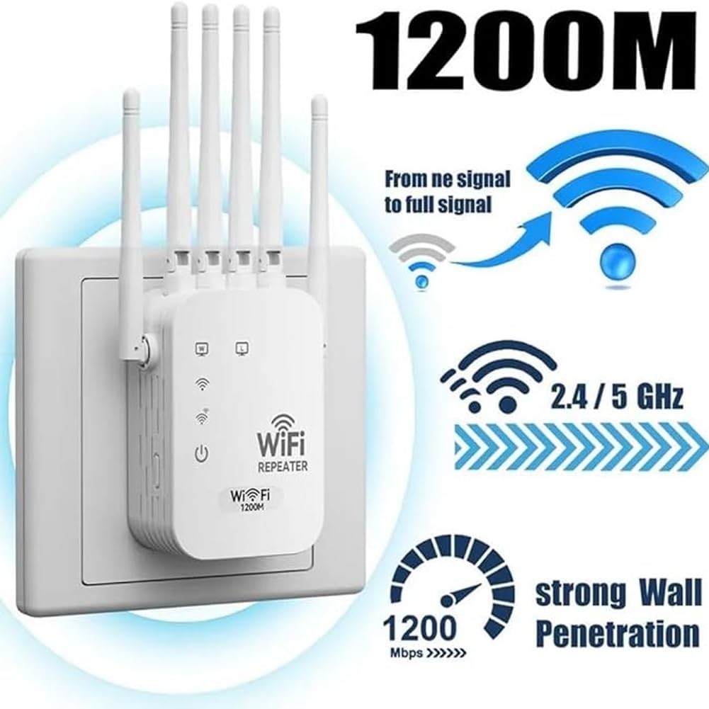 1200M WiFi Extender 6-Antenna Strong Signal, Directional WiFi Antenna Signal Booster and Amplifier, Wireless Repeater Extender with Ethernet Port for PC, Outdoor Coverage, Enhanced Network Range(1pc)