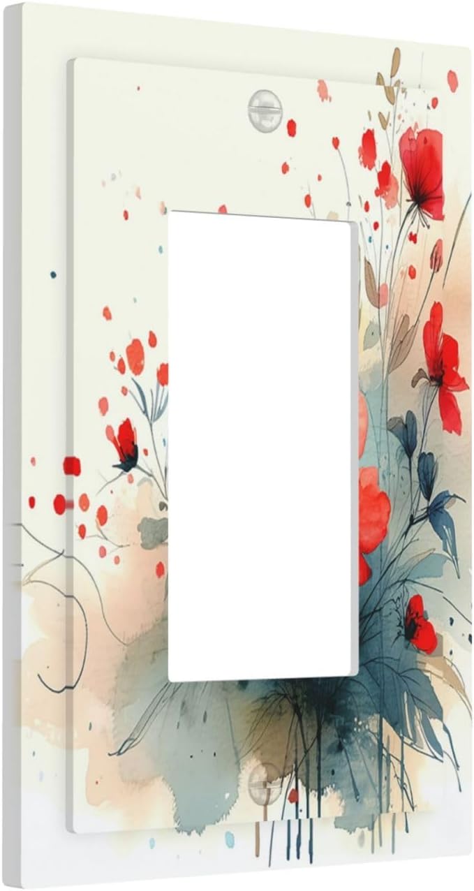 Vintage Floral Red Watercolor Modern Decorative Outlet Covers 1 Gang Single Rocker Light Switch Cover Plate Wall Plates GFCI Faceplate for Bedroom Bathroom Decor