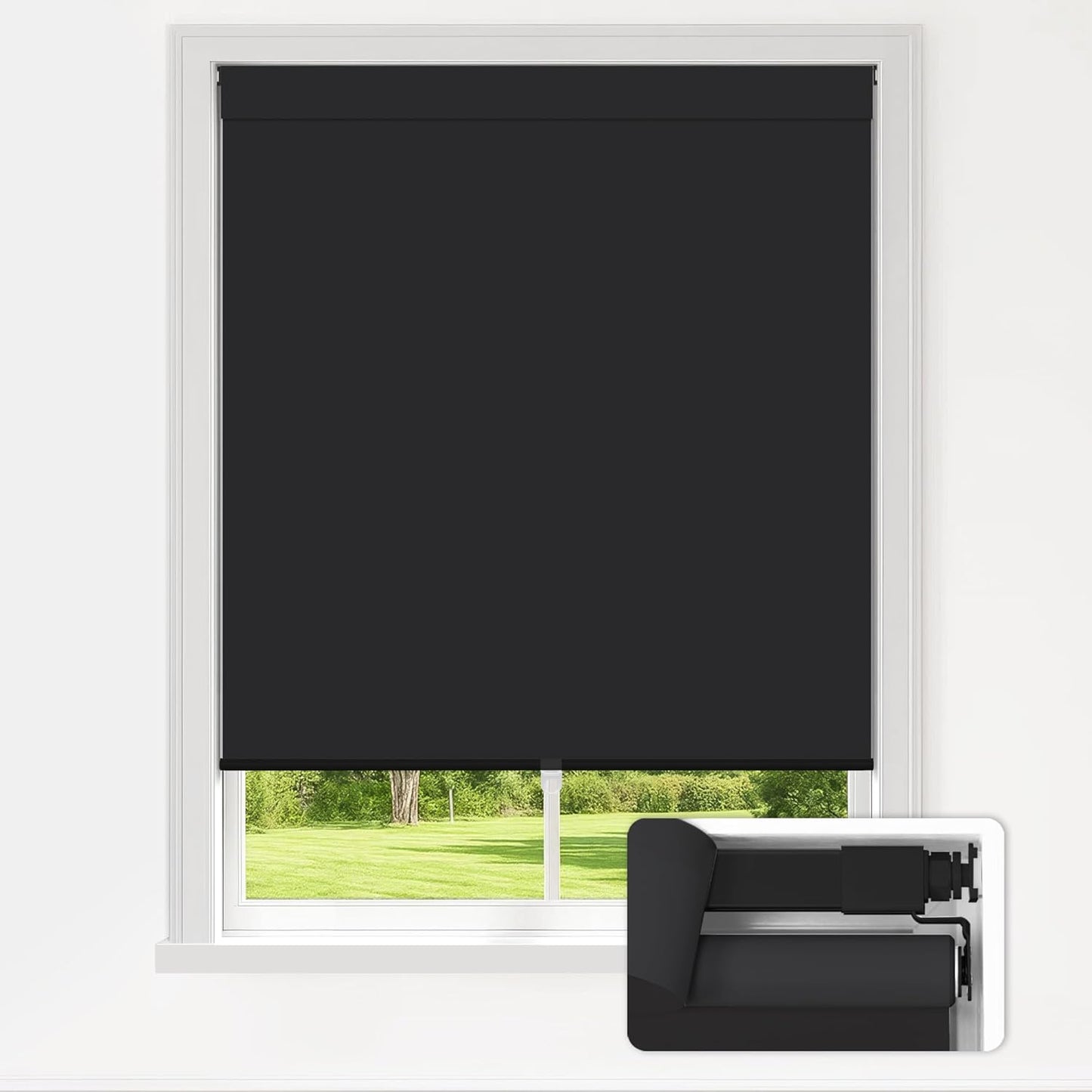 LazBlinds No Drill Blinds for Indoor Windows, Blackout Roller Shades, Cordless Window Blackout Blinds, Thermal Insulated Fabric UV Protection for Home and Office, 28.5" W x 48" H, Black