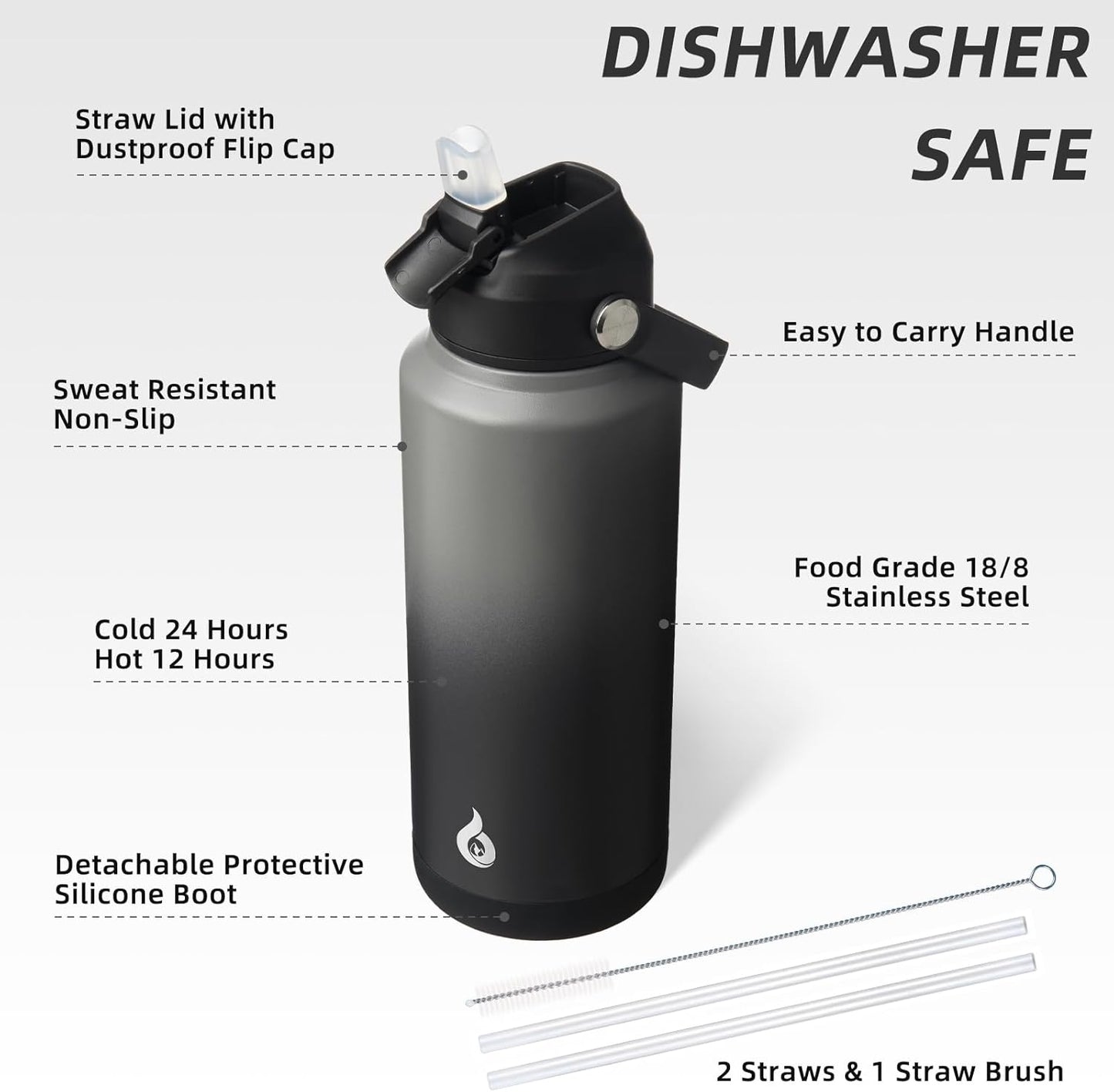 BJPKPK Water Bottle with Straw Lid, 32oz Vacuum Insulated Water Bottles, Metal Stainless Steel Thermo for Sports, Travel, BPA Free Leak Proof Thermo, Cups, Flasks, Tumblers,Black Grey