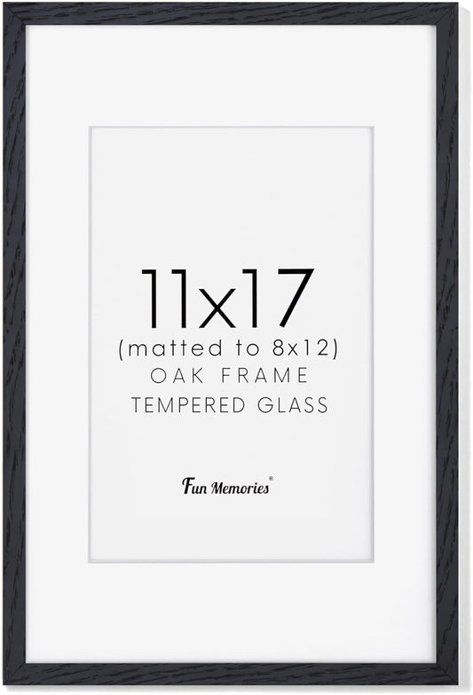 Fun Memories 11x17 Oak Wood Picture Frame in Black, 11"x17" Poster Frame for Wall, Wood Photo Frame 11 x 17 with Tempered Real Glass, 11x17 Frame Matted to 8x12 - Black Color, 1 Pack