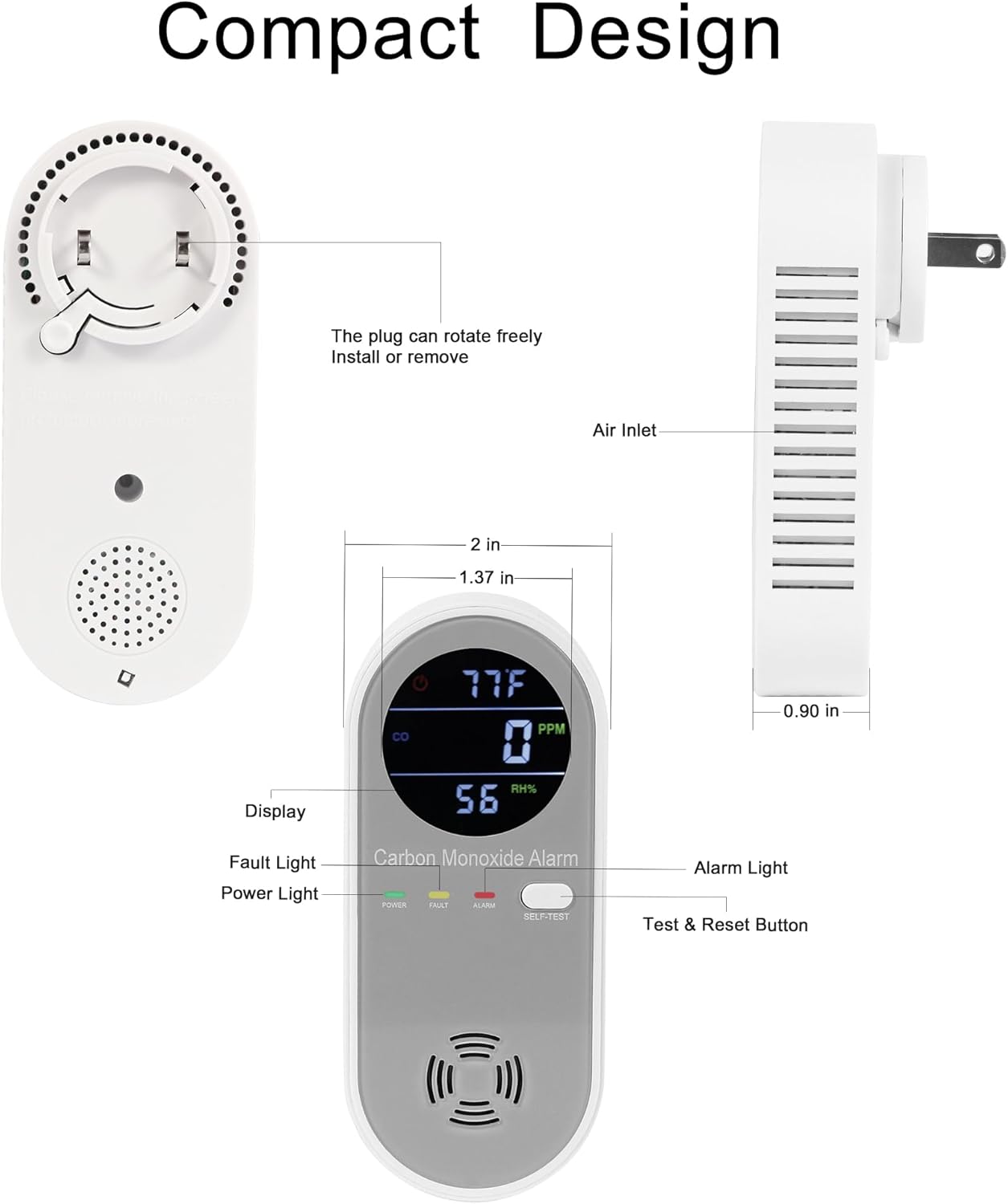 Plug in Carbon Monoxide Detector, Carbon Monoxide Alarm,Real-time Digital Display 3-in-1 Level: PPM,°F & Humidity, Co Detector Monitor for Home,RV,Apartment
