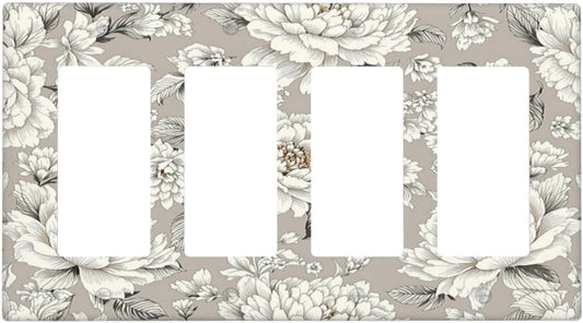 White Poppies Floral Modern Grey Peonies Flowers Wallplates 4 Gang Quad Rocker Decorative Light Switch Covers Electrical GFCI Faceplate Switch Plate for Bedroom Bathroom Decor