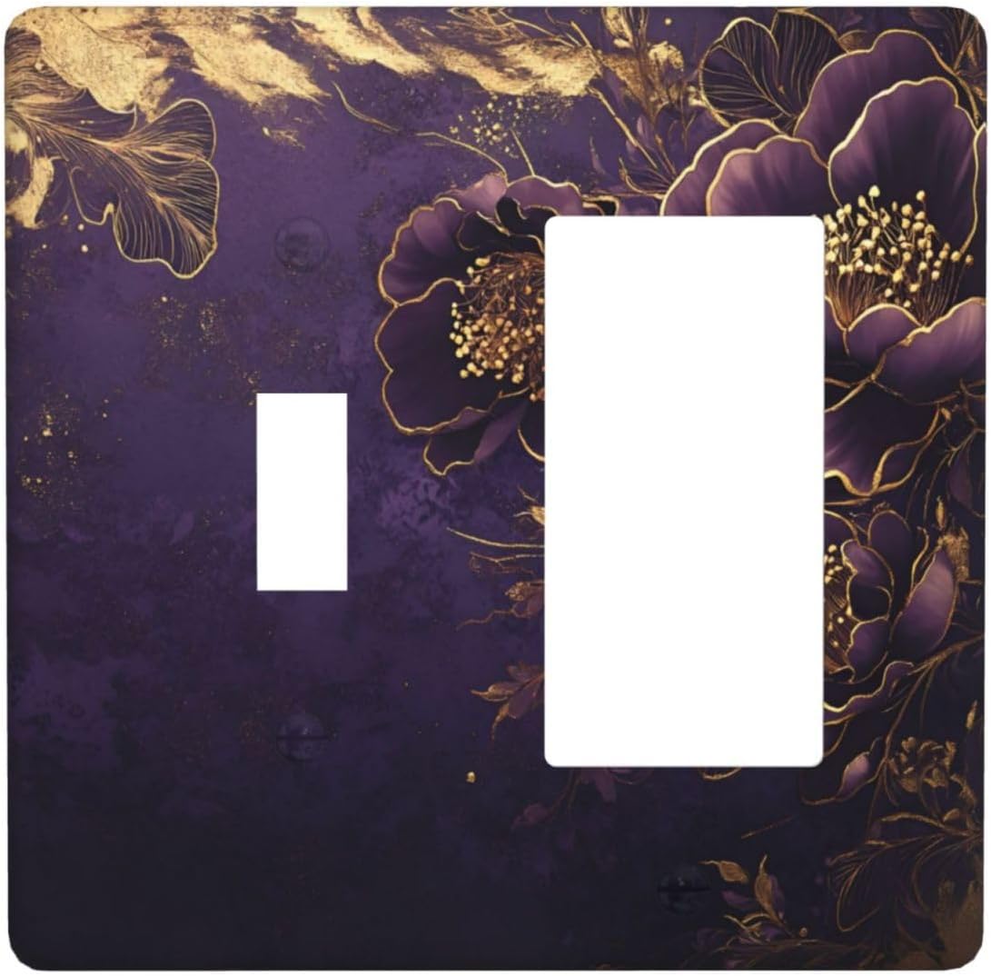 Decorative Outlet Covers Vintage Purple Peony Gold Leaf Flowers Floral 2 Gang 1 Gang Wall Plate Cover Single Toggle Rocker Combination Light Switch Cover Plate Jumbo Switch Cover Plate