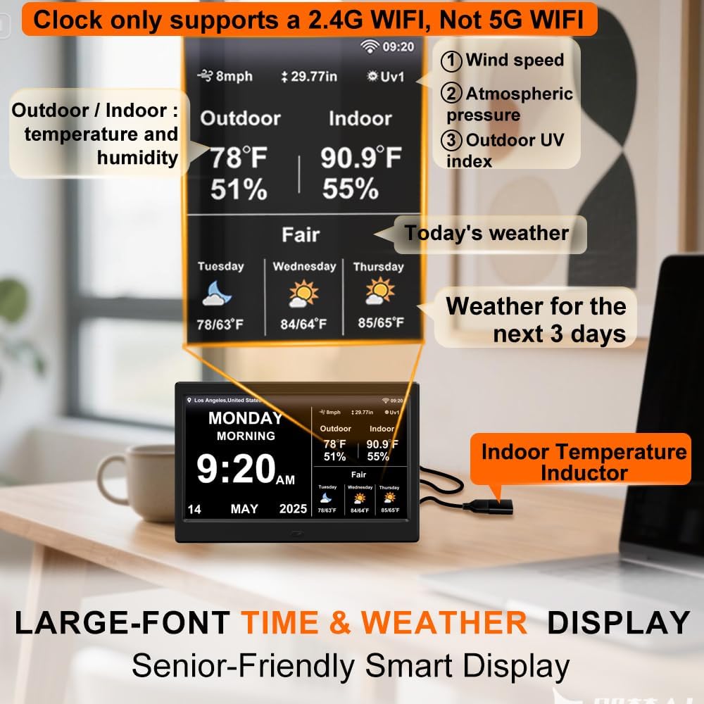 2025 Digital Clock with Weather Forecast & Temperature/Humidity Large Display,Auto Time Sync, Custom Alarms & Medication Reminders, Elderly Memory Loss (Black, 10.1 Inch)