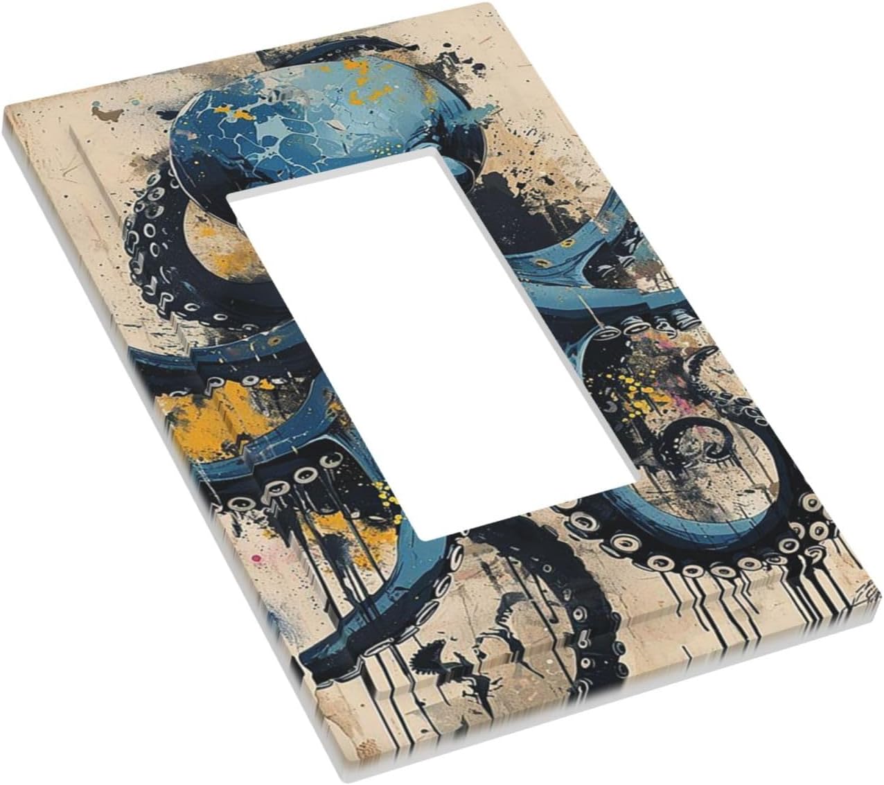 Decorative Outlet Covers Nautical Vintage Blue Octopus Yellow Eyes Oil Watercolor 1 Gang Single Rocker Light Switch Cover Plate Wall Plates GFCI Faceplate for Kids room Nursery Decor