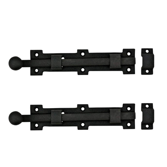 Renovators Supply Manufacturing Slide Bolt Latch 8 3/4 in. Black Wrought Iron Ball Tip Style Slide Bolt with Mounting Hardware Pack of 2