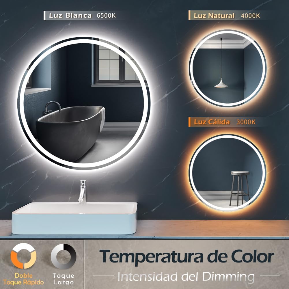 KWW 28 Inch Large Modern LED Round Bathroom Vanity Mirror, Color Temperature Adjustable, Anti-Fog Dimmable Lights, Easy to Install, Wall Mounted Makeup Mirror with Smart Touch Button