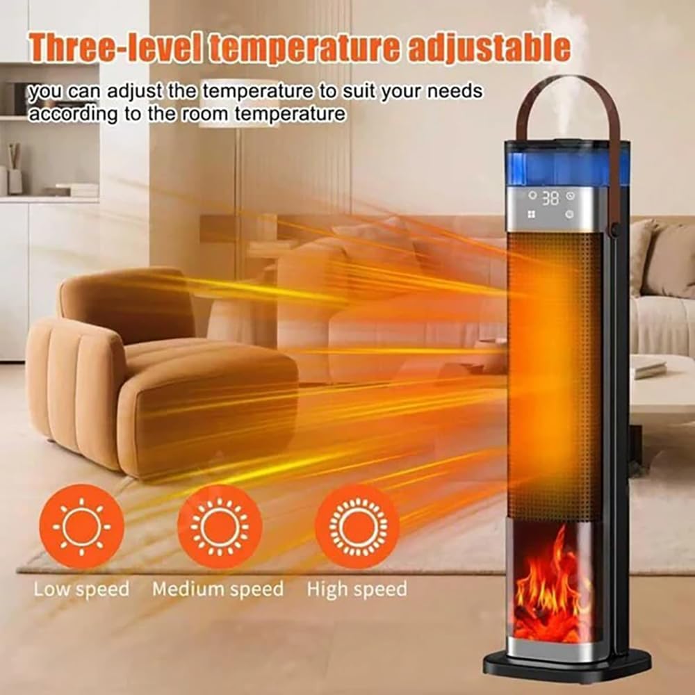 Tower Heater for Bedroom with Thermostat, Spray Humidification, 3D Simulated Flame, 3 Heating Modes, 12H Timer, 360°Protection, Portable Battery Powered Heaters for Indoor Use Large Room & Office